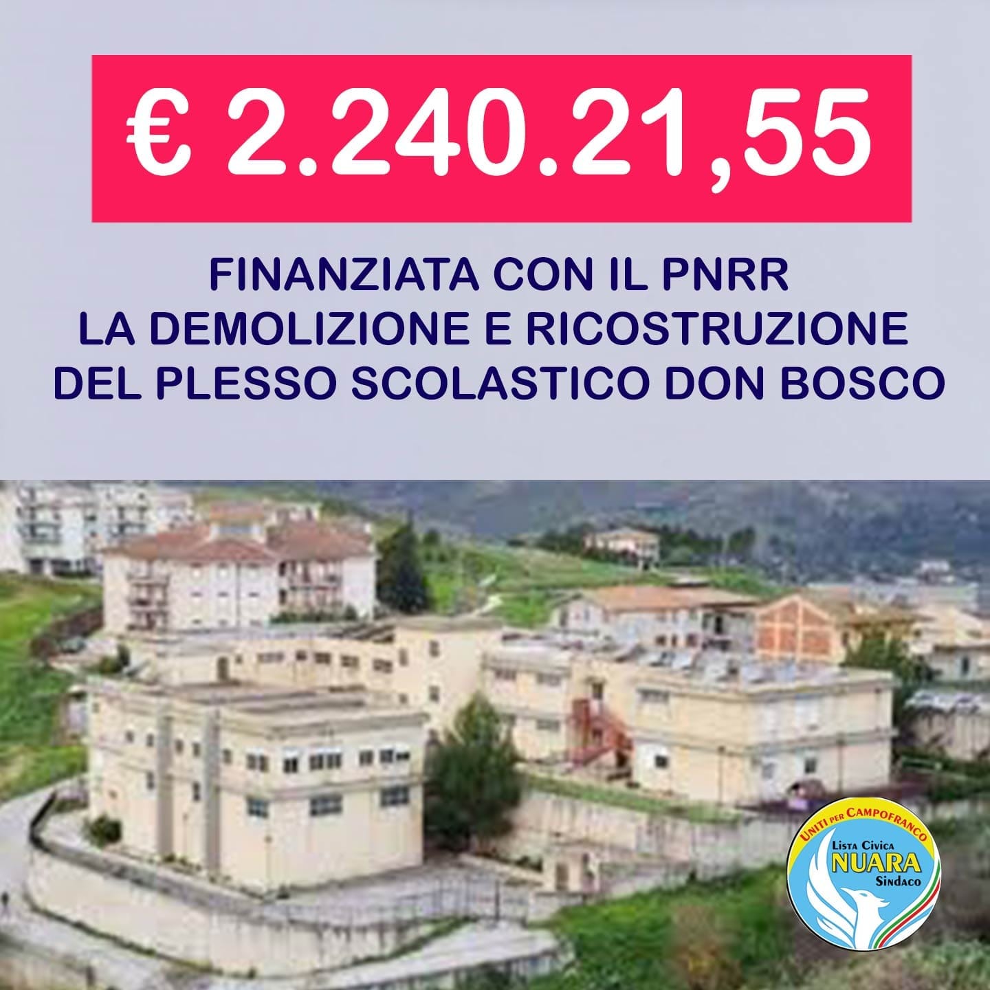 Finanziata la demolizione e ricostruzione del Plesso Don Bosco di Campofranco.