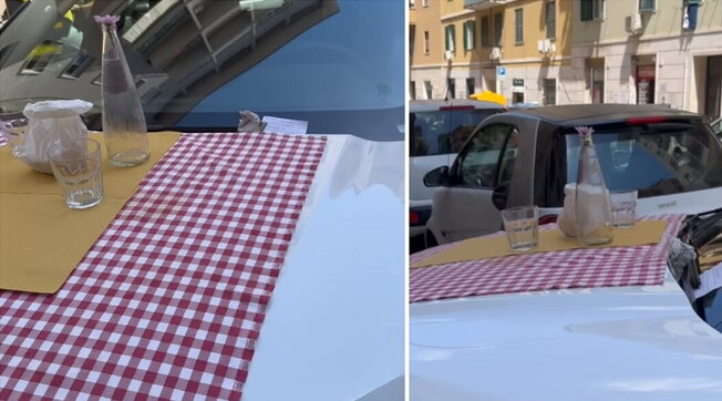 Parcheggia Suv sul marciapiede davanti al ristorante: si ritrova il cofano “apparecchiato”